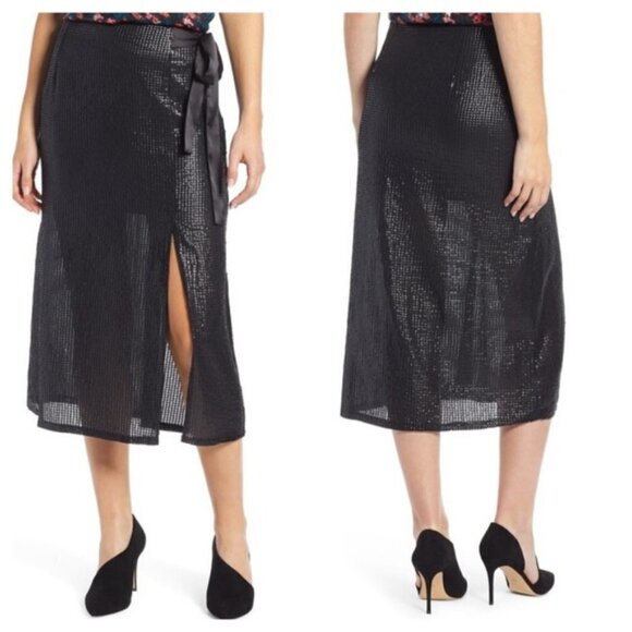 NEW Something Navy S Arielle Faux Wrap Sequined Midi Skirt Black Slit front $98 - Picture 1 of 11